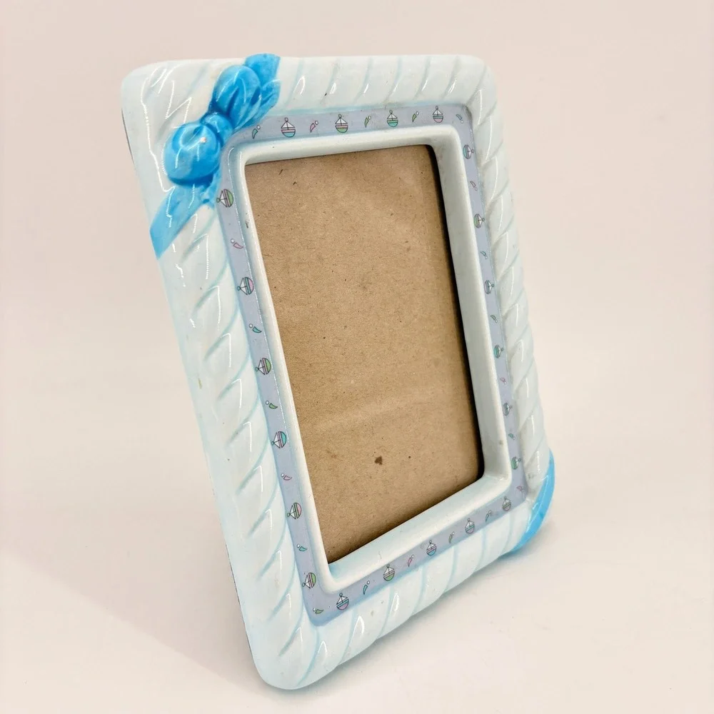 Vtg Burnes of Boston Blue‎ Ceramic Picture Frame 3x5 Quilted Ribbon Bow Kitsch